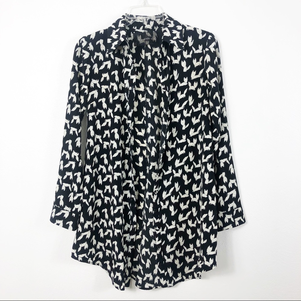 Reformation Fox Print Button Front Long Sleeve Black and White Mini Dress